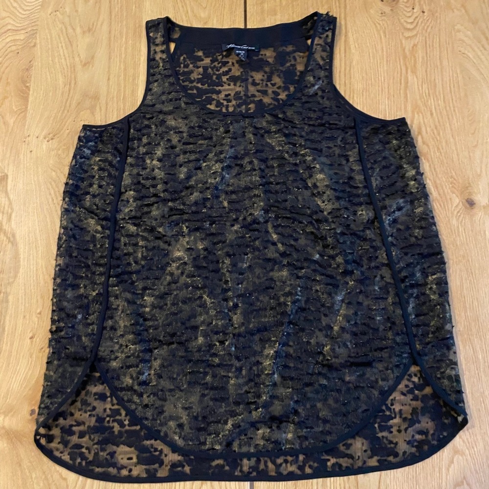 Kenneth Cole sheer shell top women's M black gold sleeveless going out office